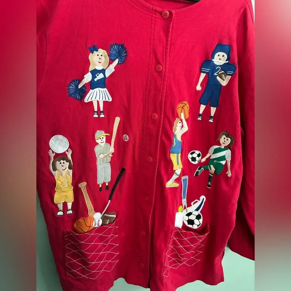 Bechamel Red Cardigan Embroidery Sports Gym Teacher School Kids Grandma XL - Picture 3 of 5